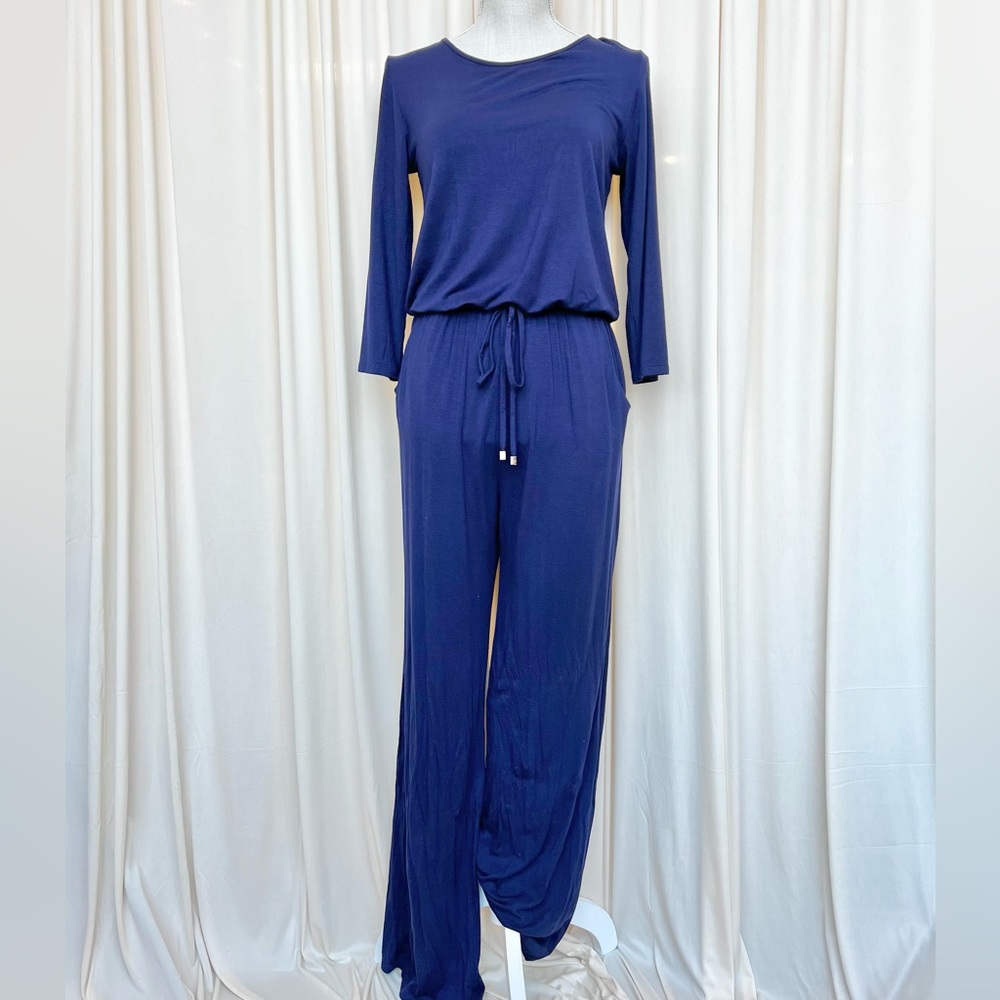 Navy Stretchy, Elastic Waist, Long Sleeve Jumpsuit - Small